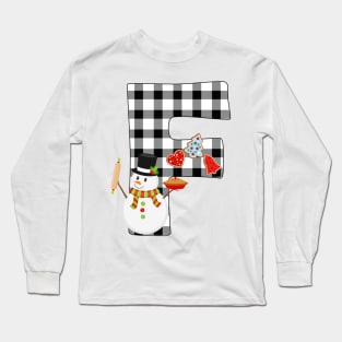 BW Buffalo Checks Pattern Monogram F | Snowman Long Sleeve T-Shirt